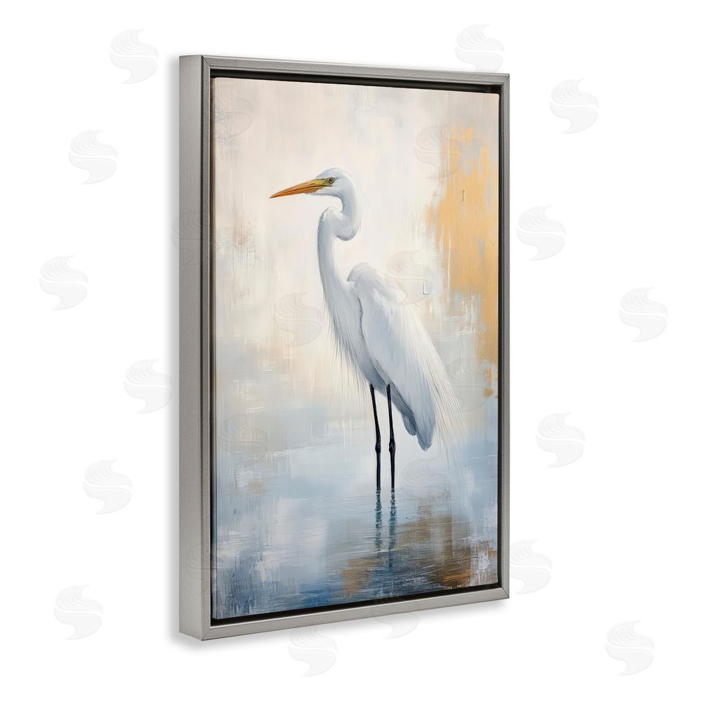 Petal Prints Design Distressed Egret with Misty Reflection Gray Floating Frame Canvas Wall Art Print