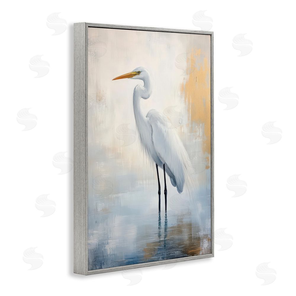 Petal Prints Design Distressed Egret with Misty Reflection Gray Framed Giclee Wall Art Print
