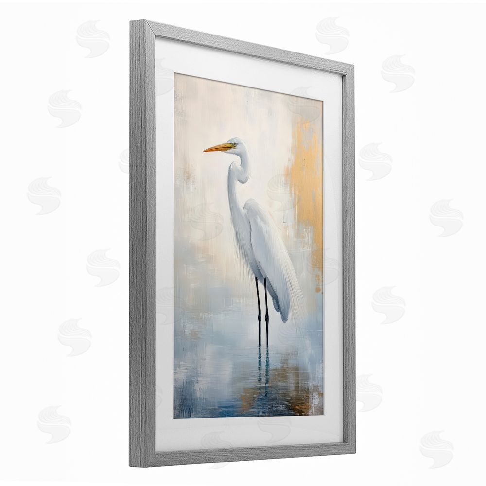 Petal Prints Design Distressed Egret with Misty Reflection Gray Framed Print Under Glass Wall Art