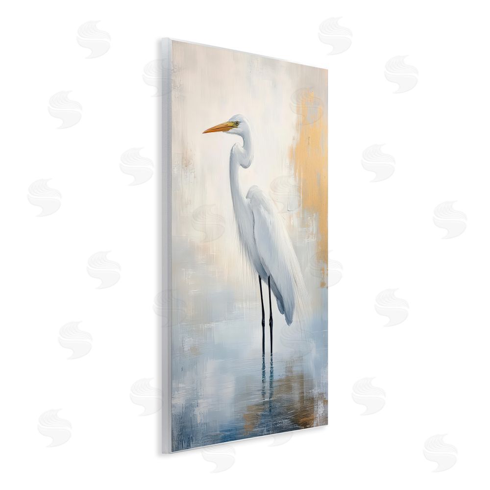 Petal Prints Design Distressed Egret with Misty Reflection Wall Plaque with Fixed Lithograph Print