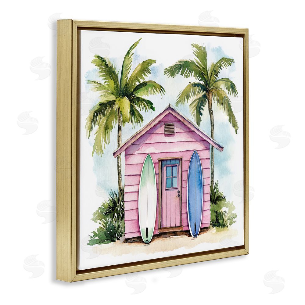 Petal Prints Design Surf Shack Under Palms Gold Floating Framed Canvas Wall Art Print