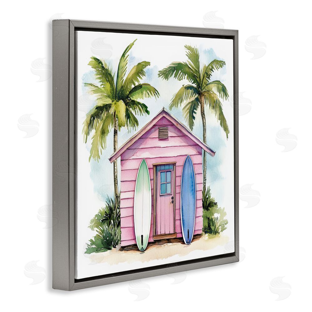 Petal Prints Design Surf Shack Under Palms Gray Floating Framed Canvas Wall Art Print