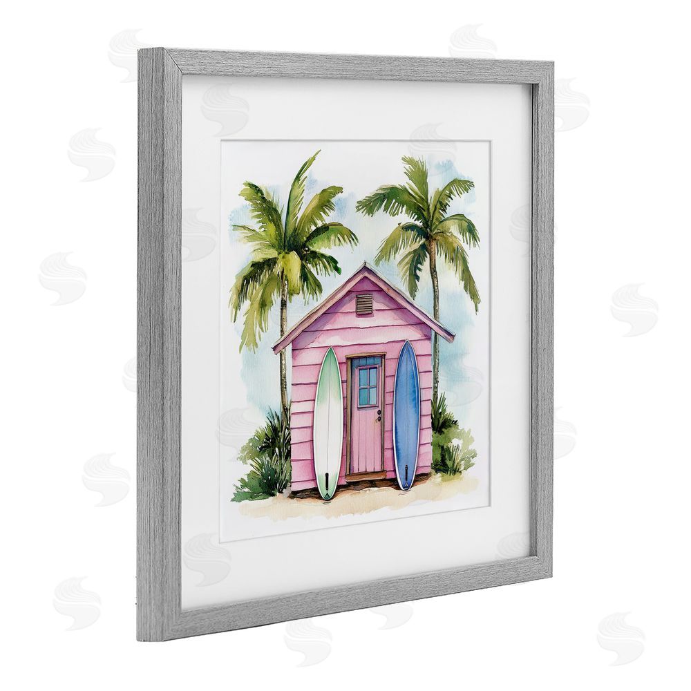 Petal Prints Design Surf Shack Under Palms Gray Framed Print Under Glass with White Mat Wall Art
