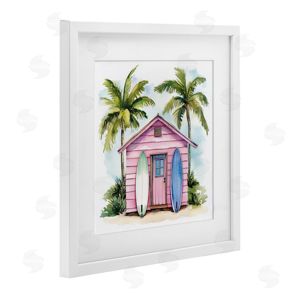 Petal Prints Design Surf Shack Under Palms White Framed Print Under Glass with White Mat Wall Art