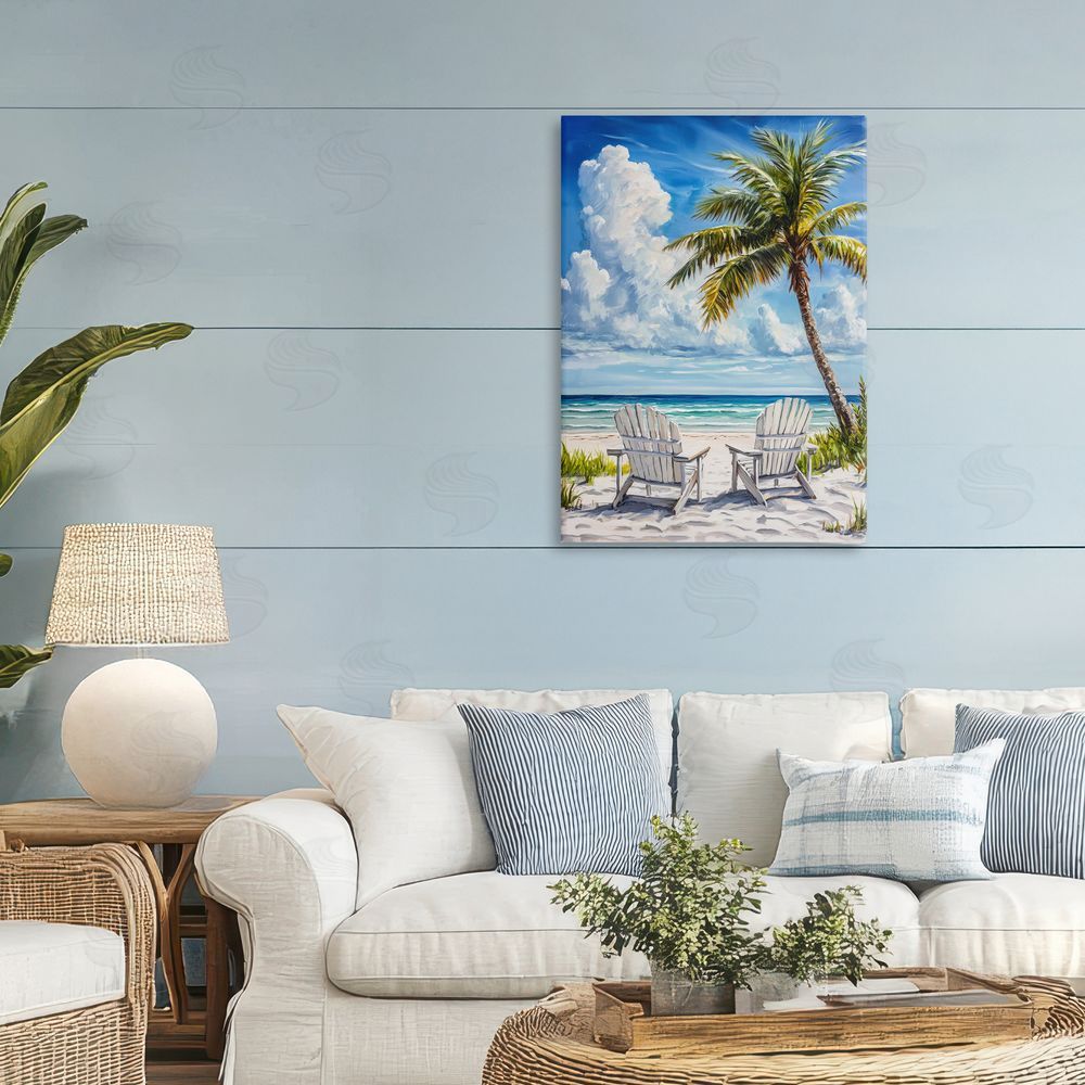 Petal Prints Design Clouded Beach with Looming Palm Stretched Canvas Wall Art in Room