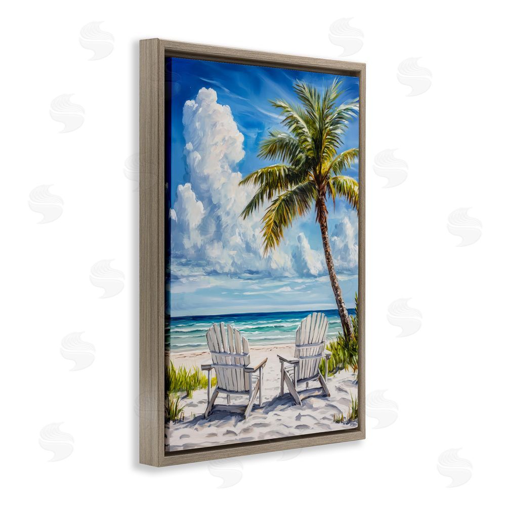 Petal Prints Design Clouded Beach with Looming Palm Brown Floating Frame Canvas Wall Art Print