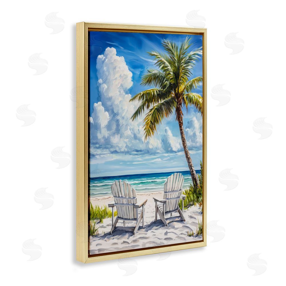 Petal Prints Design Clouded Beach with Looming Palm Gold Floating Frame Canvas Wall Art Print