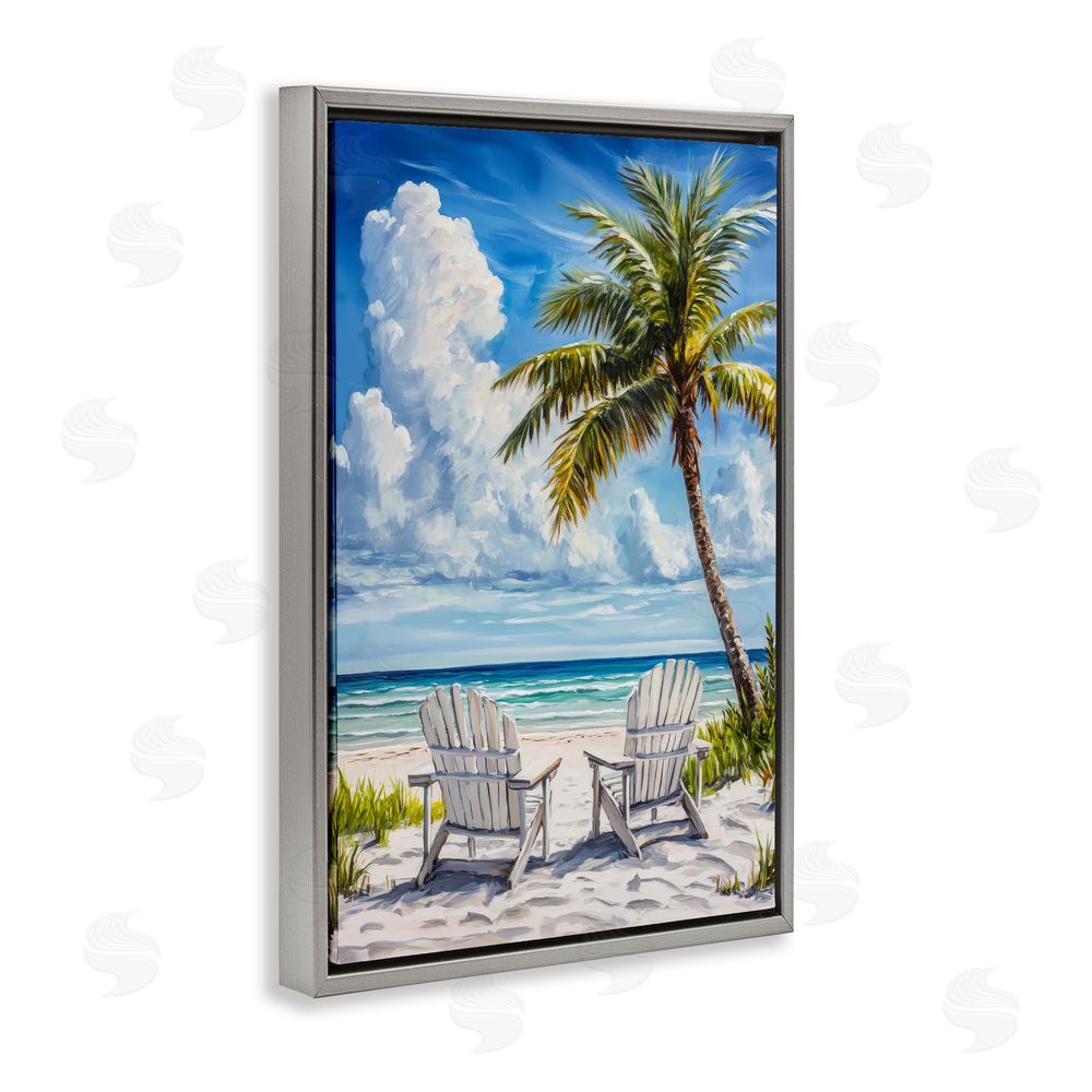 Petal Prints Design Clouded Beach with Looming Palm Gray Floating Frame Canvas Wall Art Print