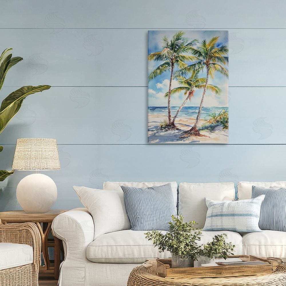 Petal Prints Design Windy Palm Trees on Shore Stretched Canvas on Wall