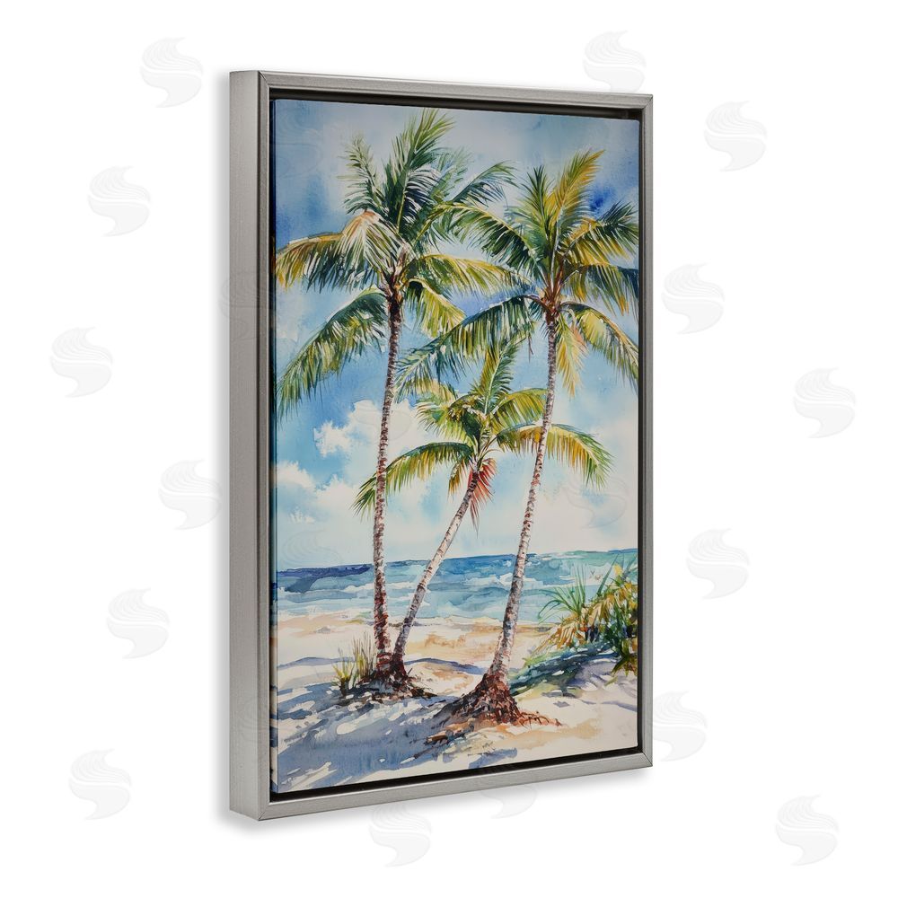 Petal Prints Design Windy Palm Trees on Shore Gray Floating Framed Canvas Wall Art Print
