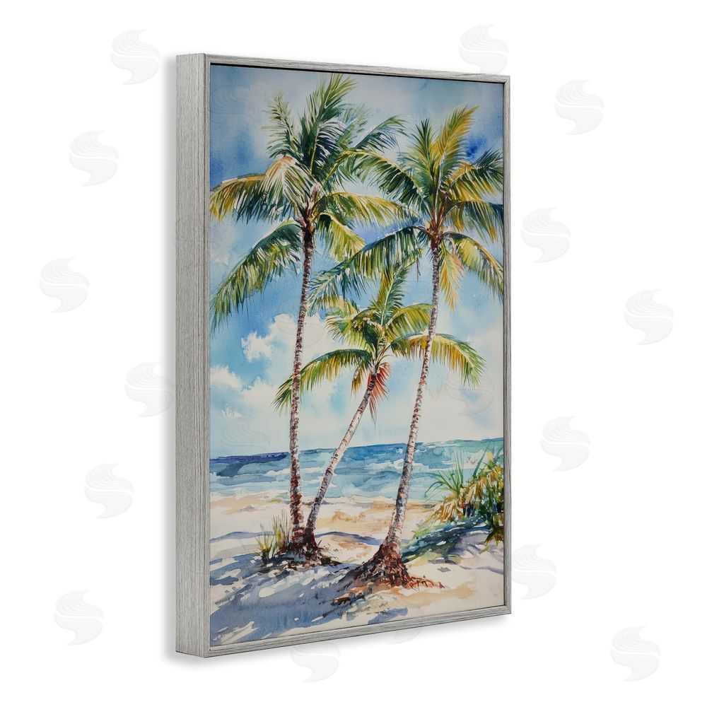 Petal Prints Design Windy Palm Trees on Shore Gray Framed Giclee Wall Art Print