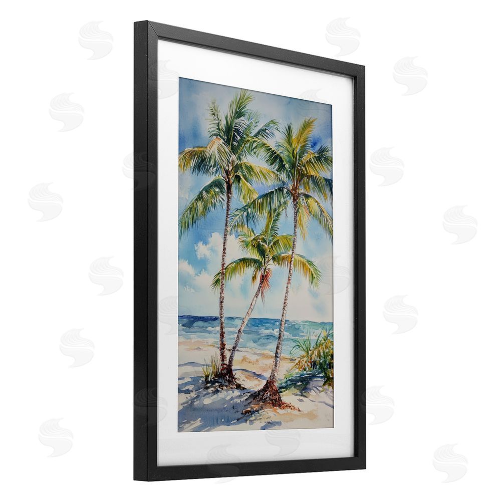 Petal Prints Design Windy Palm Trees on Shore Black Framed Print Under Glass with White Mat Wall Art