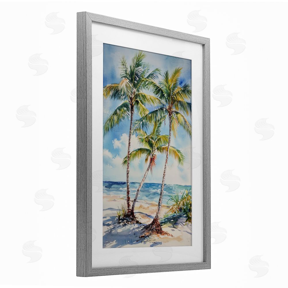 Petal Prints Design Windy Palm Trees on Shore Gray Framed Print Under Glass with White Mat Wall Art