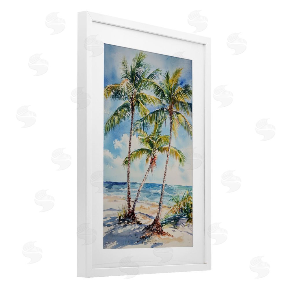 Petal Prints Design Windy Palm Trees on Shore White Framed Print Under Glass with White Mat Wall Art