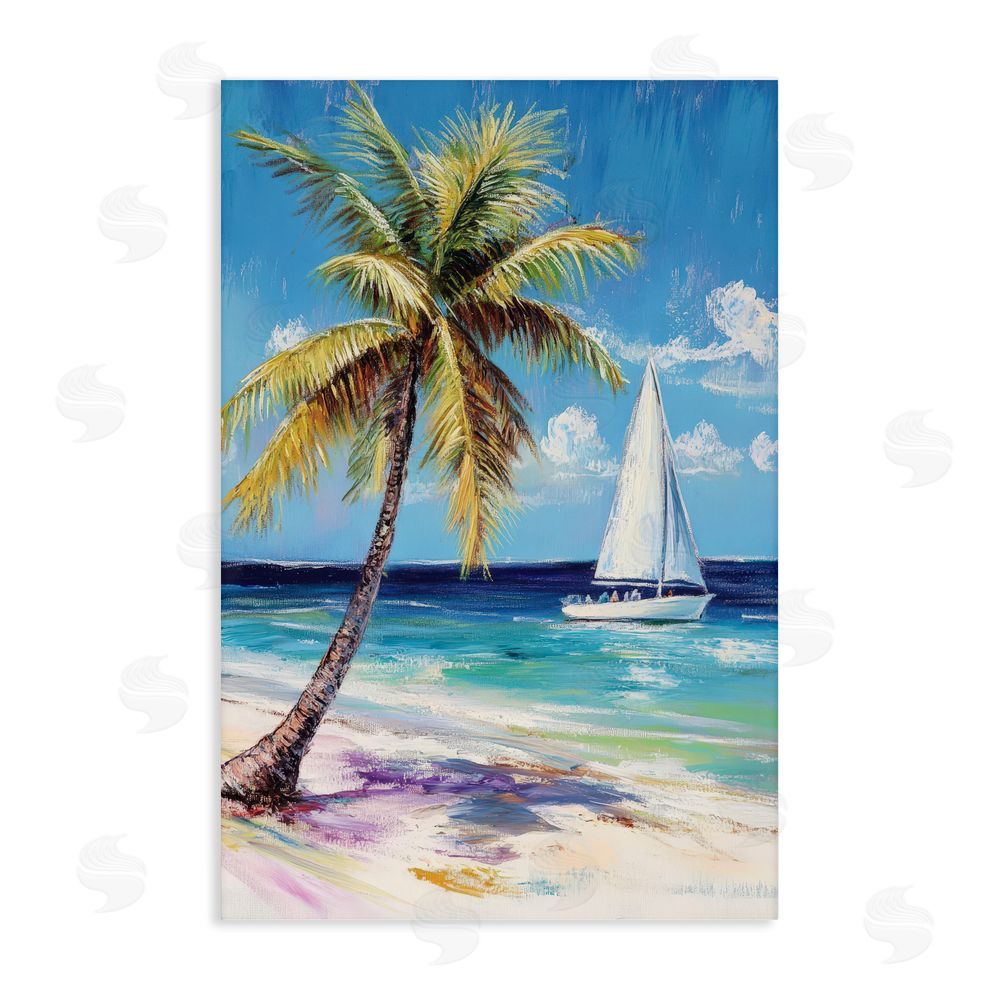Petal Prints Design Sailboat Delight with Palm Tree Stretched Canvas Wall Art Print
