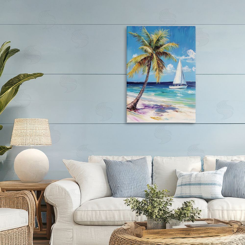 Petal Prints Design Sailboat Delight with Palm Tree Stretched Canvas on Wall