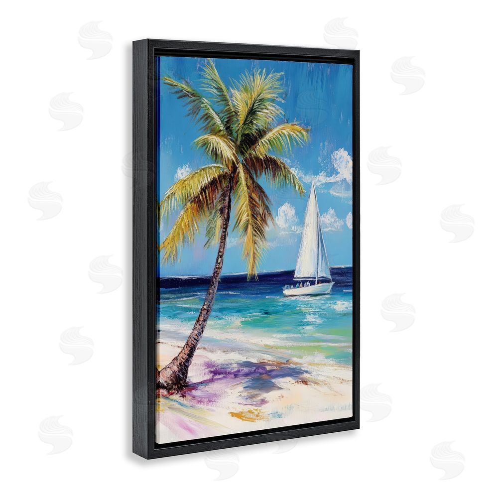 Petal Prints Design Sailboat Delight with Palm Tree Black Floating Framed Canvas Wall Art Print