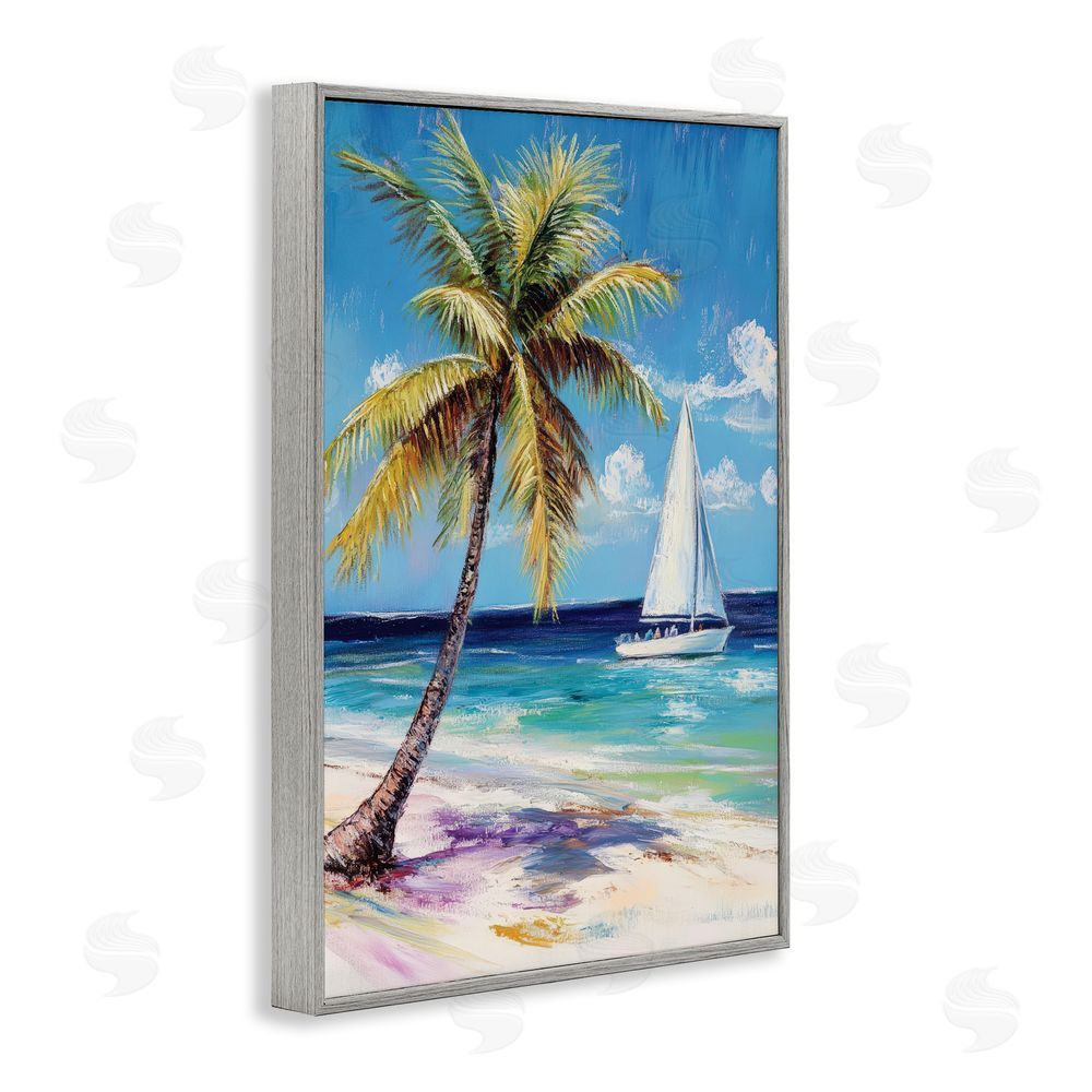 Petal Prints Design Sailboat Delight with Palm Tree Gray Framed Giclee Wall Art Print