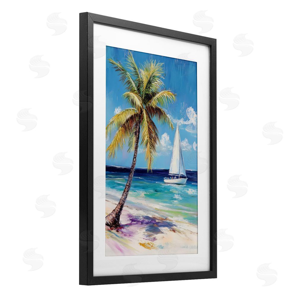 Petal Prints Design Sailboat Delight with Palm Tree Black Framed Print Under Glass with White Mat Wall Art
