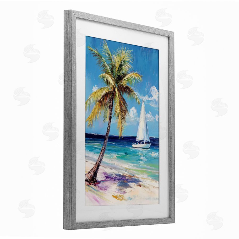 Petal Prints Design Sailboat Delight with Palm Tree Gray Framed Print Under Glass with White Mat Wall Art