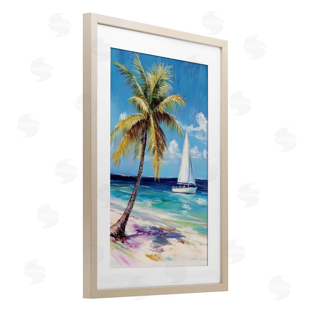 Petal Prints Design Sailboat Delight with Palm Tree Brown Framed Print Under Glass with White Mat Wall Art