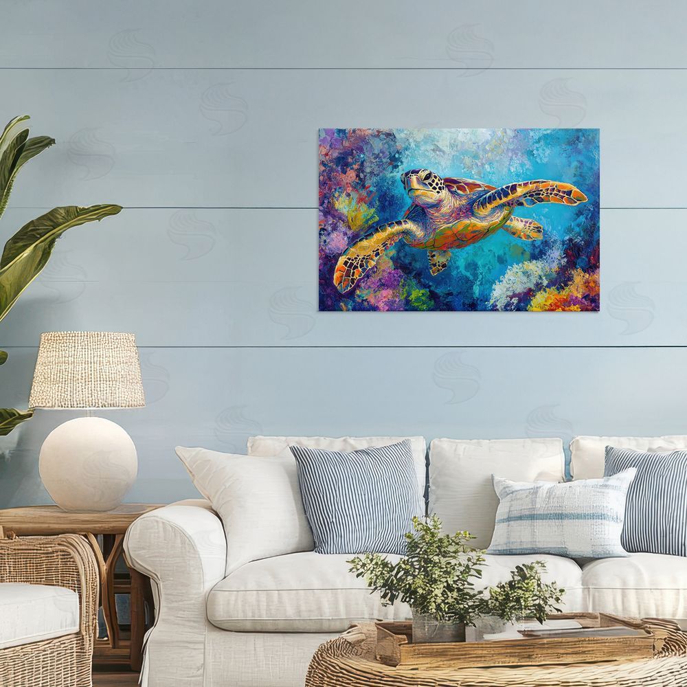 Petal Prints Design Colorful Sea Turtle over Coral Stretched Canvas Wall Art in Room