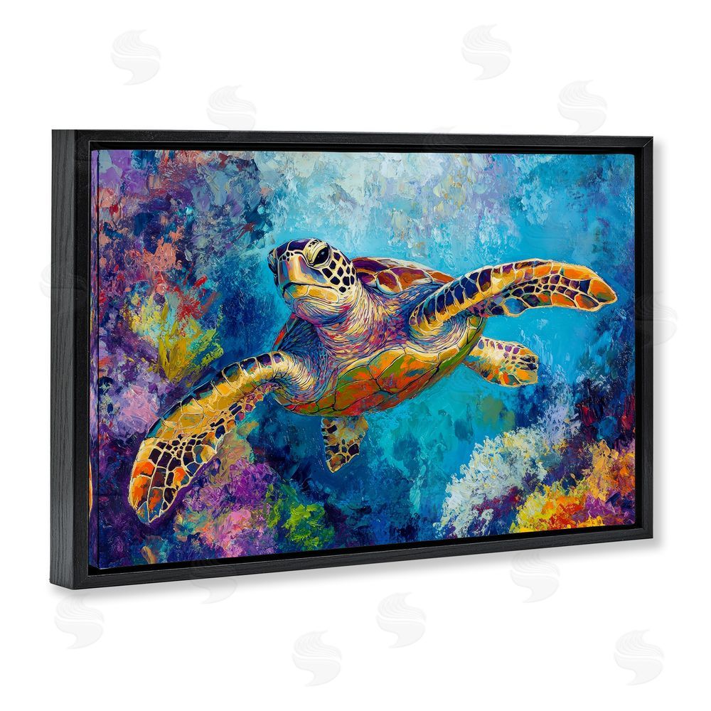 Petal Prints Design Colorful Sea Turtle over Coral Black Floating Frame Canvas Wall Art Print