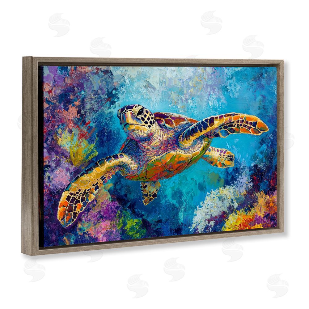 Petal Prints Design Colorful Sea Turtle over Coral Brown Floating Frame Canvas Wall Art Print