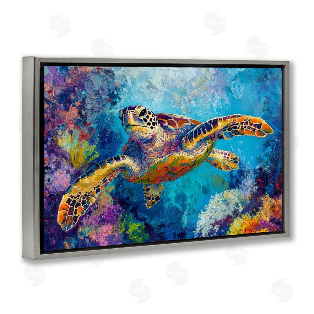 Petal Prints Design Colorful Sea Turtle over Coral Gray Floating Frame Canvas Wall Art Print