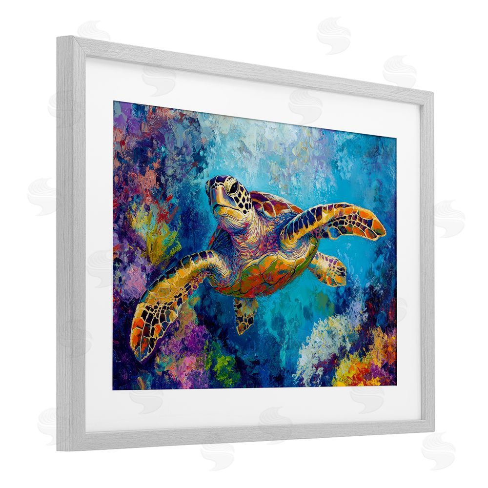 Petal Prints Design Colorful Sea Turtle over Coral Gray Framed Print Under Glass Wall Art
