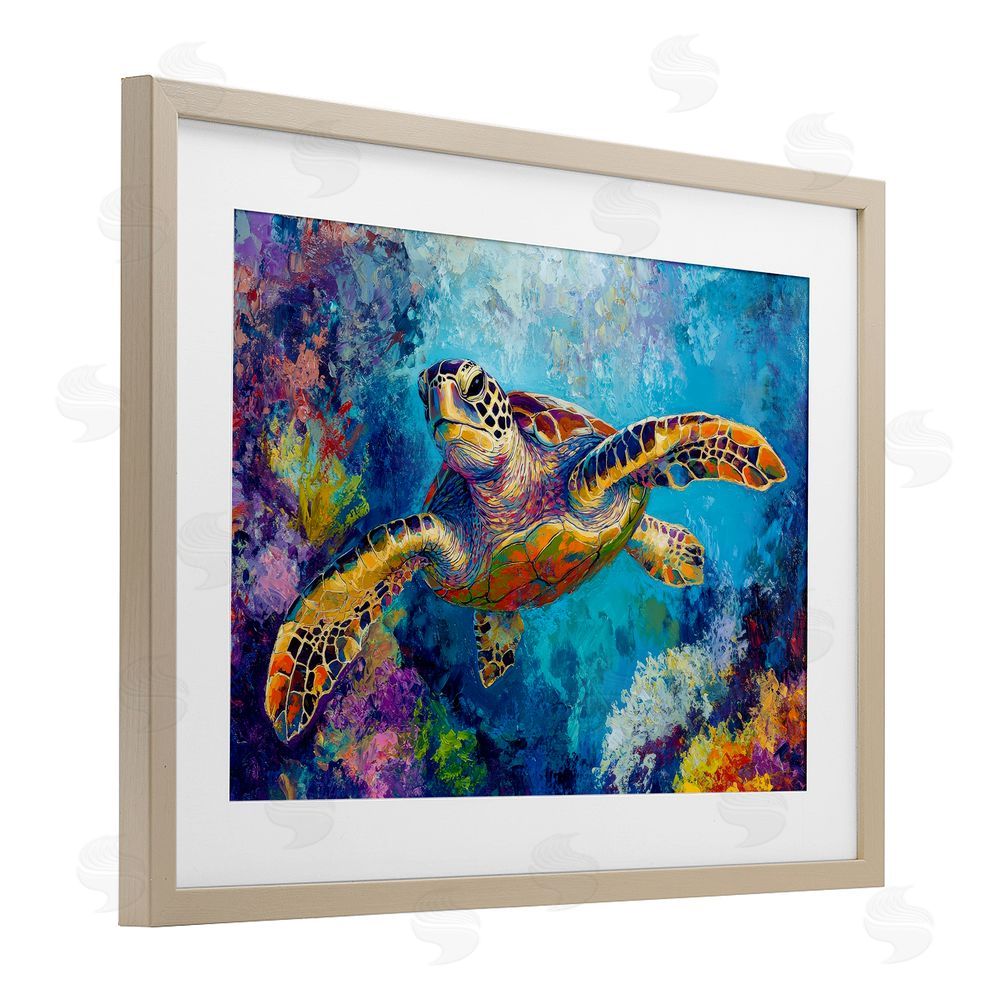 Petal Prints Design Colorful Sea Turtle over Coral Brown Framed Print Under Glass Wall Art
