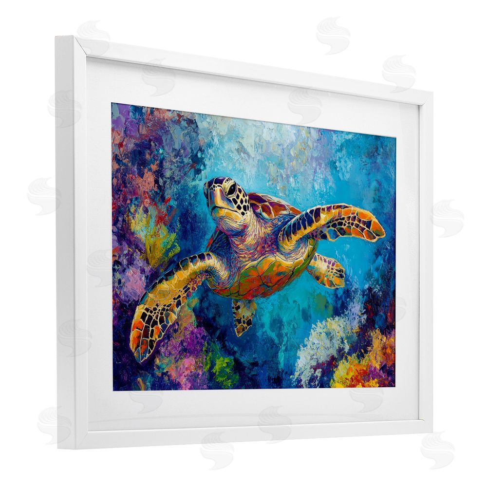 Petal Prints Design Colorful Sea Turtle over Coral White Framed Print Under Glass Wall Art