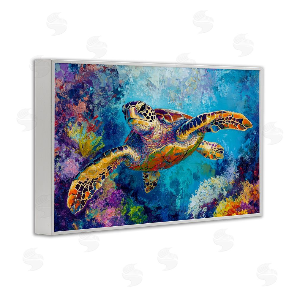 Petal Prints Design Colorful Sea Turtle over Coral White Framed Giclee Wall Art Print