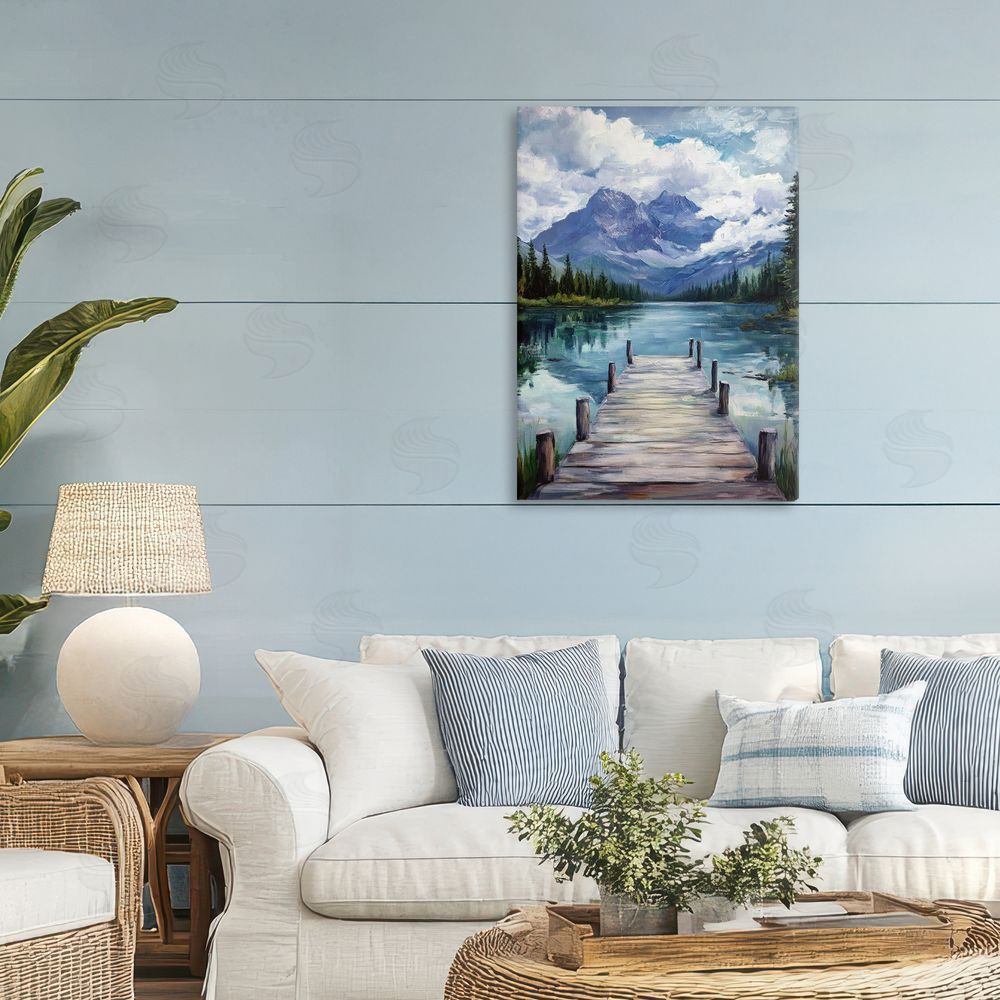 Petal Prints Design Weathered Dock on Mountain Lake Stretched Canvas on Wall