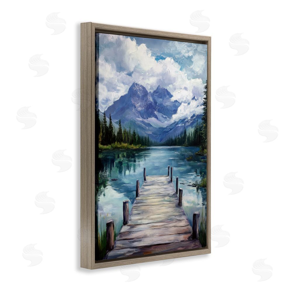 Petal Prints Design Weathered Dock on Mountain Lake Brown Floating Framed Canvas Wall Art Print
