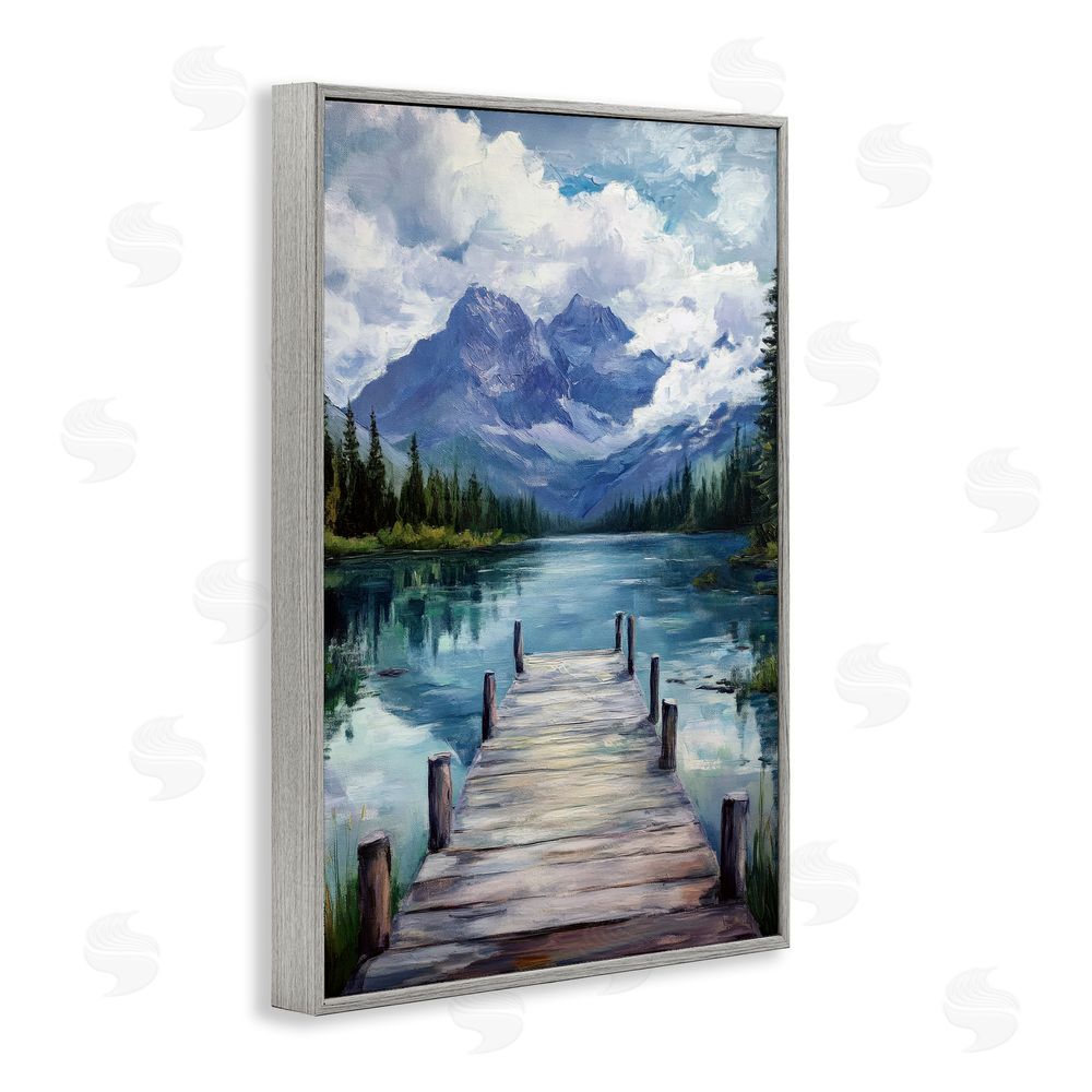 Petal Prints Design Weathered Dock on Mountain Lake Gray Framed Giclee Wall Art Print