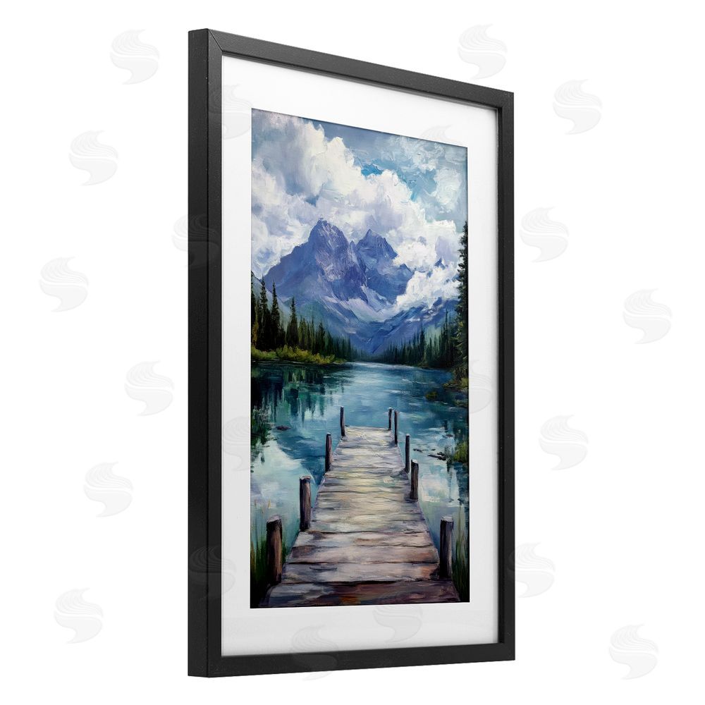 Petal Prints Design Weathered Dock on Mountain Lake Black Framed Print Under Glass with White Mat Wall Art