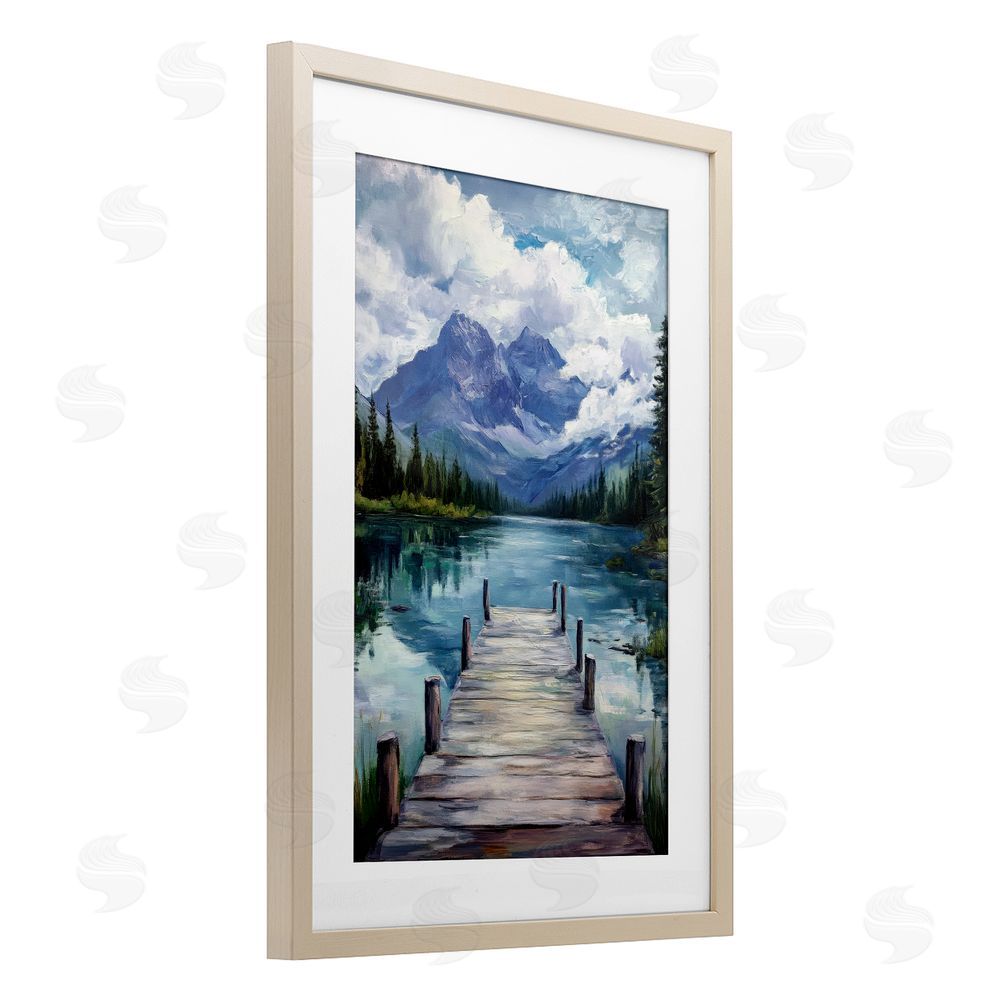 Petal Prints Design Weathered Dock on Mountain Lake Brown Framed Print Under Glass with White Mat Wall Art