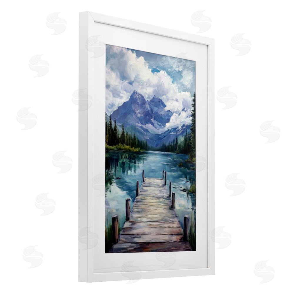 Petal Prints Design Weathered Dock on Mountain Lake White Framed Print Under Glass with White Mat Wall Art