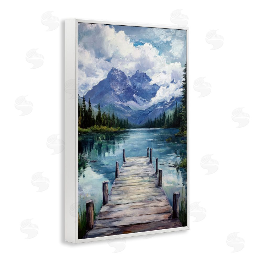 Petal Prints Design Weathered Dock on Mountain Lake White Framed Giclee Wall Art Print