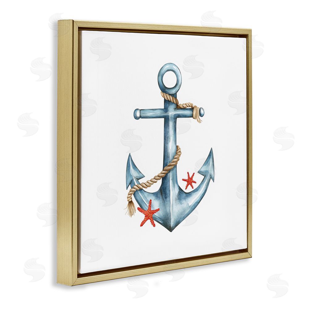 LSR Design Studio Cute Sailor Anchor with Starfish Gold Floating Frame Canvas Wall Art Print
