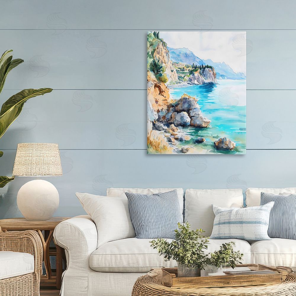 LSR Design Studio Azure Italian Coastline Stretched Canvas Wall Art Print in Room