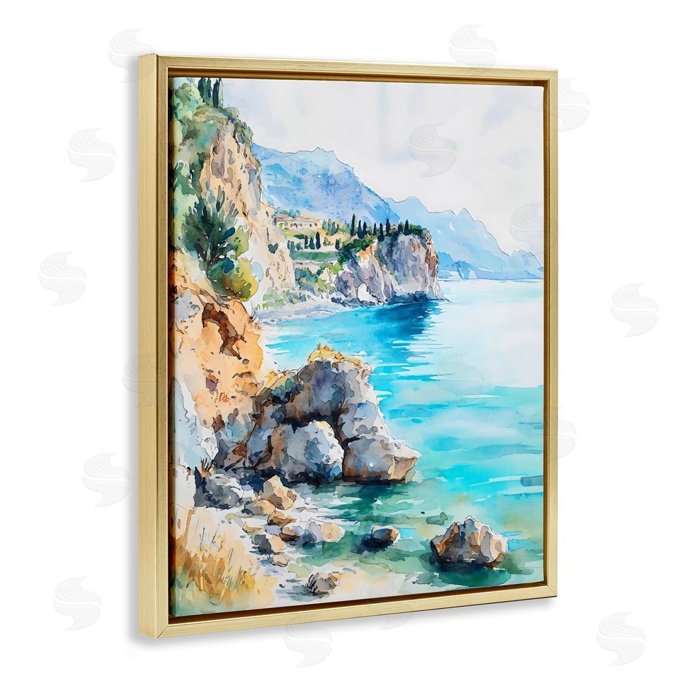 LSR Design Studio Azure Italian Coastline Gold Floating Frame Stretched Canvas Wall Art Print