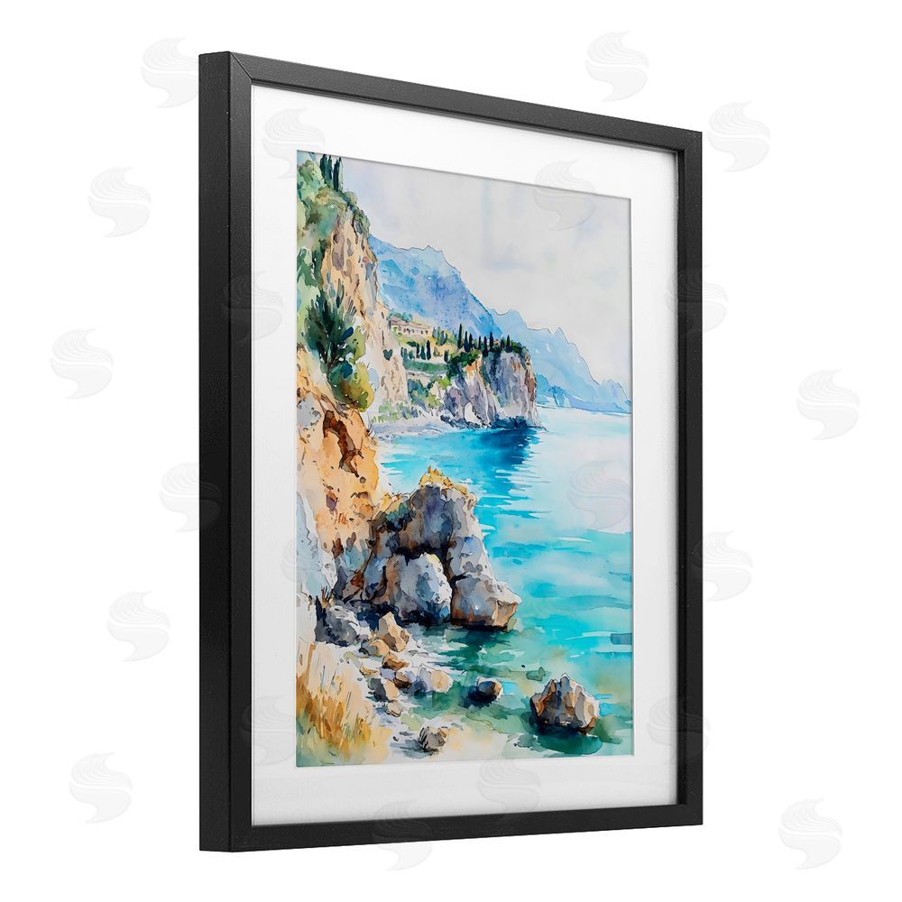 LSR Design Studio Azure Italian Coastline Black Framed Print Under Glass with Matting Wall Art