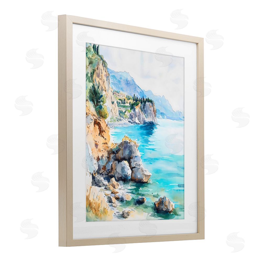 LSR Design Studio Azure Italian Coastline Brown Framed Print Under Glass with Matting Wall Art