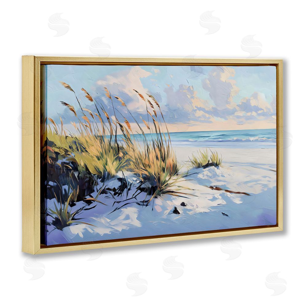 Gina Kelly Grassy Sand Dunes Beach Gold Floating Framed Canvas Wall Art
