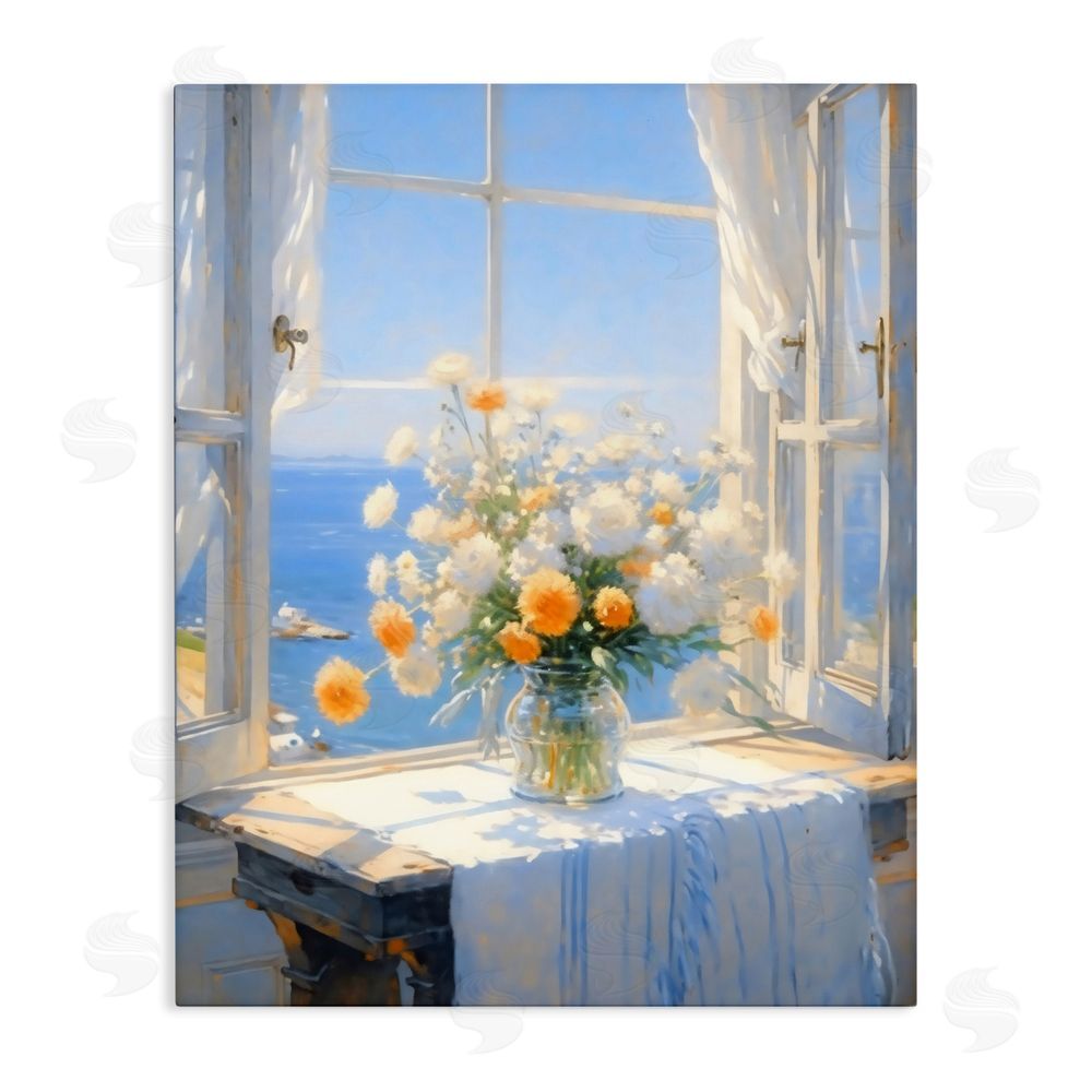 Creative Studio Floral Window View of Sea Stretched Canvas Wall Art
