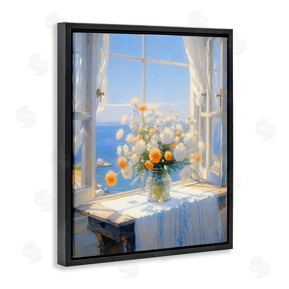 Creative Studio Floral Window View of Sea Black Floating Framed Canvas Wall Art