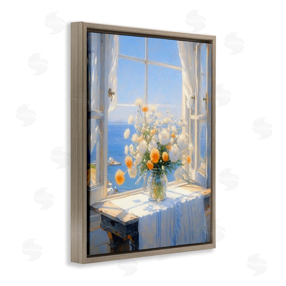 Creative Studio Floral Window View of Sea Brown Floating Framed Canvas Wall Art