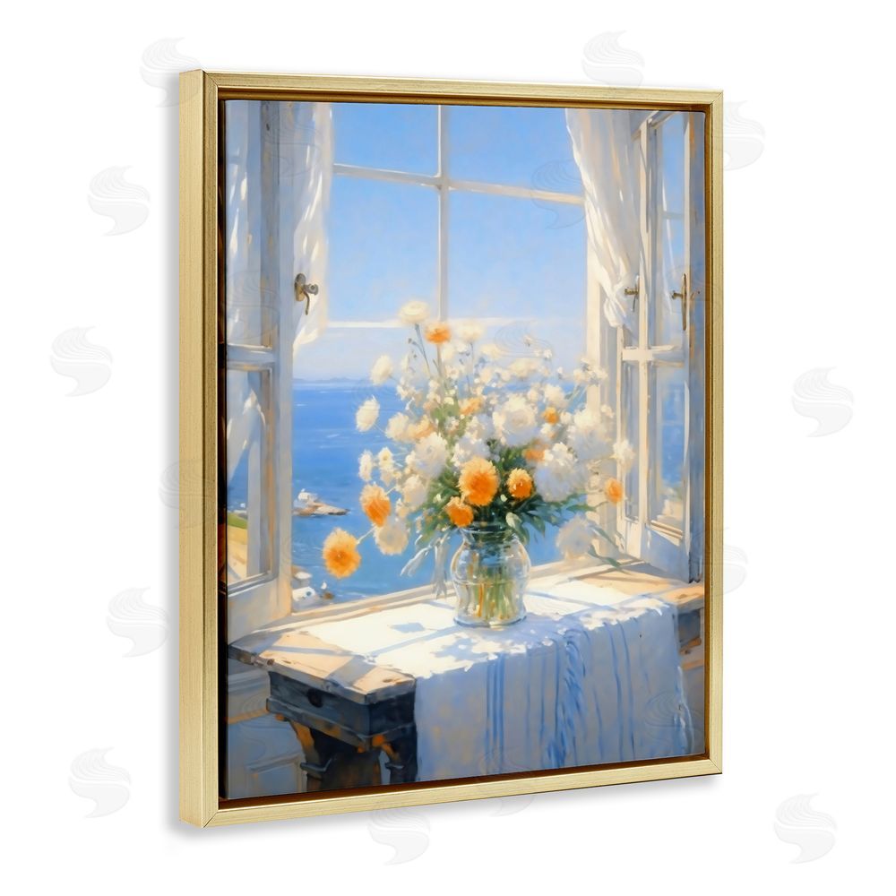 Creative Studio Floral Window View of Sea Gold Floating Framed Canvas Wall Art